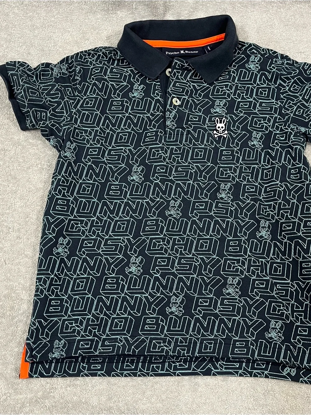 Psycho Bunny Polo Shirt Boys Size 7-8 Small Blue AOP Pima Cotton